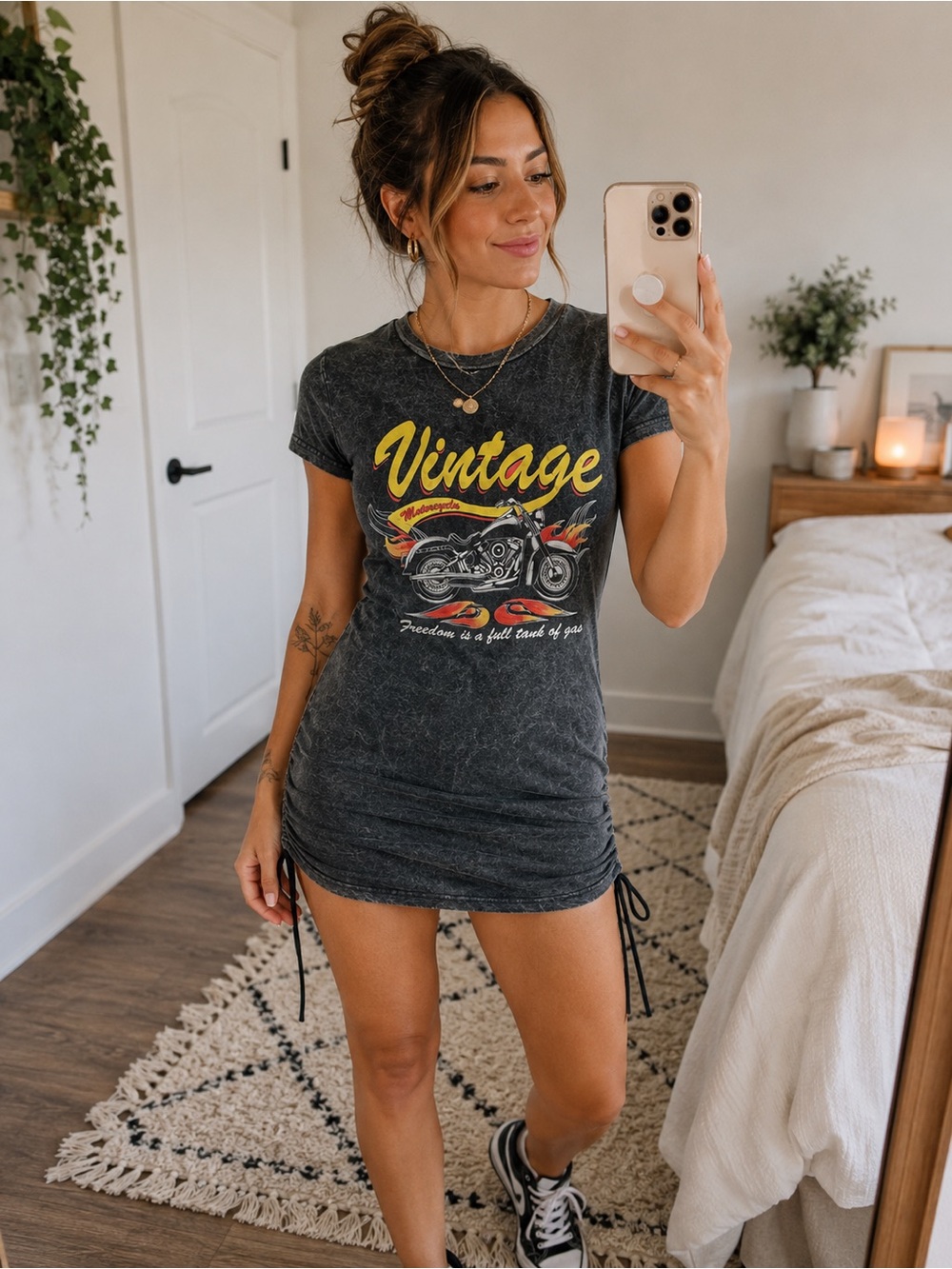 On Fire Acid Wash Motorcycle Graphic Tee Dress XL Fits Women S/M